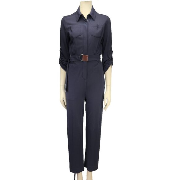 MARC CAIN Preppy Buttonned Polo Collar Belted Roll-Tab Stretch Navy Jumpsuit S - Picture 3 of 10